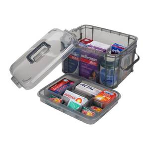 lot 8859 image: HEY FOLY 15qt Medicine Organizer Storage Box with Tray, Plastic First Aid Box Empty, Thickened Medicine Container Chest, Multipurpose Medical Case with Labels, Grey Medicine Caddy