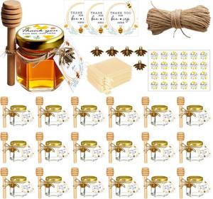 lot 8871 image: Adabocute 20 Pack Mini Honey Jars with Dipper - Perfect for Baby Shower Favors and Wedding Favors - Includes Bee Pendants Tags and Jute Bags - Gold Lid