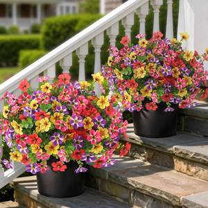 lot 8873 image: 2 Set of Artificial Morning Glory & Eucalyptus Topiary Trees - Faux Silk Flower Potted Plants, UV-Resistant Fake Outdoor Morning Glory Bushes for Front Door, Farmhouse, Garden Decor (Mixed Color)