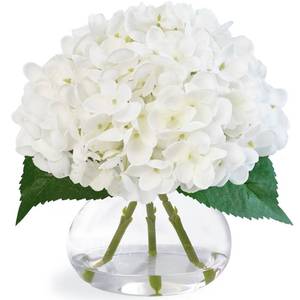 lot 8878 image: Fawairyc Hydrangea Artificial Flowers in Glass Vase, White Silk Fake Flowers Silk Centerpiece Table Decorations for Dining Room Coffee Table Decor Wedding, Home with Faux Water Decor-White