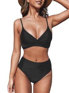 lot 8942 image: CUPSHE Womens Bikini Sets Two Piece Swimsuit High Waisted V Neck Twist Front Adjustable Spaghetti Straps Bathing Suit, XXL Black