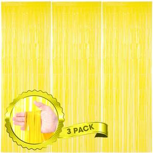 lot 8943 image: Voircoloria 3 Pack 3.3 x 8.2 ft Pastel Yellow Foil Fringe Backdrop Curtains, Tinsel Streamers Birthday Party Decorations, Fringe Backdrop for Graduation, Baby Shower, Gender Reveal, Disco Party