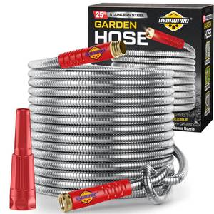 lot 8947 image: Stainless Steel Water Hose  Heavy Duty Metal Garden Hose with Nozzle  Kink Free, Anti Rust  Flexible and Lightweight Water Pipe for Gardening  HydroPro - 25ft