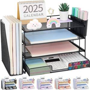 lot 8963 image: OPNICE Desk Organizer, 4-Tier Desktop File Organizer with Drawer and 2 Pen Holders, Office Desk Accessories, File Sorters, Workspace Organizers for Office Supplies(Black-2pack)