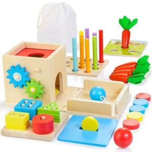 lot 8965 image: JUSTWOOD Montessori Toys for 1 Year Old, 8-in-1 Wooden Play Kit Includes Object Permanent Box, Learning Activity Cube, Sorting & Stacking Toy, Carrot Harvest Game, Gift for Boys Girls Age 12 Months