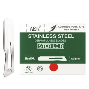 lot 8985 image: 10R Dermaplane Blade Sterile Stainless-Steel Scalpel Blades, Individually Wrapped for Hygiene (100-Pack)