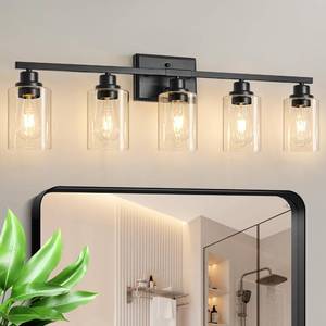 lot 8990 image: Unicozin Modern Bathroom Light Fixtures, 5 Light Vanity Lights Over Mirror, Black Wall Lamp with Clear Glass for Living Room Cabinet Bedroom Porch