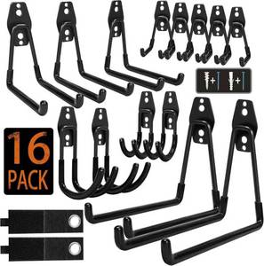 lot 1019 image: KOFANI Steel Garage Storage Hooks - 16 Pack Anti-Slip Coating, Heavy Duty Wall Mount Hooks for Hanging Bike, Ladder, Garden Tools