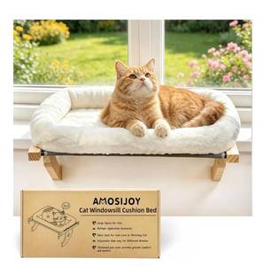 lot 1022 image: AMOSIJOY Cat Sill Window Perch Sturdy Hammock Window Seat with Cushion Bed Cover, Wood & Metal Frame for Large Cats,