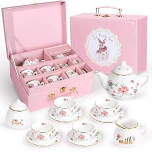 lot 1025 image: Porcelain Tea Set for Girls, Tea Party Set for Little Girls, Kids Tea Set Kitchen Pretend Play, Princess Tea Time Playset with Teapot Cups Carry Case, Toddler Girl Toys Birthday Gifts Age 3