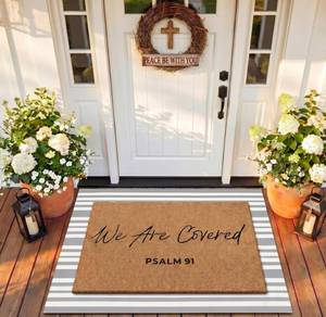 lot 1026 image: Drydiet 2 Pcs Christian Layered Doormat Set, Bible Verse We are Covered Religious Coir Welcome Mat with Rug, Faith Home Front Door Rug for Christian Housewarming Gift Porch Entryway Decor