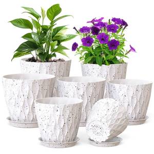 lot 1029 image: Meowell 76.565.554.54 inch Plant Pots for Indoor Outdoor Plants, 7 Pack Thick Flower Pots with Drainage Holes and Saucers, Modern Wave Texture Plastic Planters Nursery Pots, Speckled White
