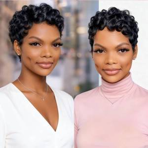 lot 1032 image: VCK Short Human Hair Wigs for Black Women Short Curly Human Hair Wigs Pixie Cut Wigs for Women Black Wigs Brazilian Remy Human Hair Glueless Full Machine Made Natural Black Color
