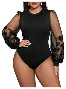 lot 1034 image: Milumia Womens Plus Size Bodysuit Sheer Mesh Floral Long Sleeve Bodysuit Blouse Shirt Top Black 5X-Large