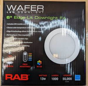 lot 1042 image: RAB Lighting WFRL-Field-Adjustable Edge-Lit LED Downlight-Canless Wafer Design-BlackWhite Trim-5CCT Selectable 2700K-5000K-90 CRI-Wet RatedDimmable for Modern Ceilings (WFRL6R139FA120WS, 1)