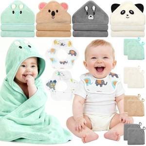 lot 1065 image: 14 Pcs Baby Towels Washcloths and Baby Bibs Set, 4 Pcs 32x32 Hooded Bath Towel, 8 Pcs Baby Washcloths and 2 Pcs Cotton Baby Bibs for Newborns, Toddlers and Kids, Soft Baby Towel Set for Boys and Girls