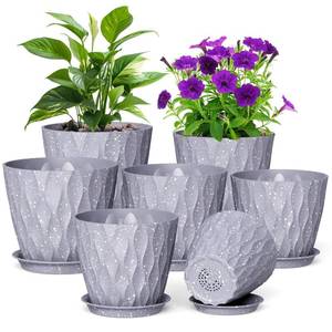 lot 1088 image: Meowell 76.565.554.54 inch Plant Pots for Indoor Outdoor Plants, 7 Pack Thick Flower Pots with Drainage Holes and Saucers, Modern Wave Texture Plastic Planters Nursery Pots, Speckled Grey