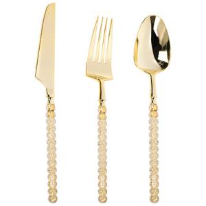 lot 1124 image: QualQuot 300PCS Gold Plastic Silverware, Heavy Duty Utensils, Disposable Plastic Cutlery Silverware Include 100 Forks, 100 Knives, 100 Spoons for Party and Wedding, Shiny Bead