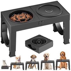 lot 1125 image: Slow Feeder Dog Bowl Stand - Elevated Dog Food and Water Bowl Set for Large Medium Sized, 5 Heights Adjustable, Non-Slip, Durable, Prevents Bloating & Improves Digestion Black