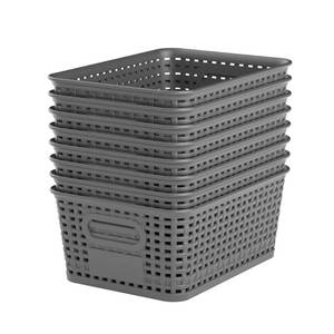lot 1130 image: WRRLORS Gray Plastic Storage Baskets - Pack of 8 with Labels Stackable Durable Storage Bins, Storage Containers for Organizing Desks, Closets, Playrooms, Classrooms, Offices