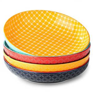 lot 1152 image: DOWAN 10 Vibrant Pasta, Salad & Soup Serving Bowls Set of 4, Embossed Large Porcelain Ceramic, Microwave & Dishwasher Safe, Bonita Design Dinnerware Dishes for Daily Dining, Family Gatherings, Party