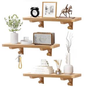 lot 1154 image: omedecal Wooden Floating Shelves for Wall, 15.7 W x 6 D x 0.6 H Large Wall Shelves, Hanging Storage Shelf with Hooks for Living Room, Kitchen, Bathroom, Bedroom Decor, Natural, 3 Packs