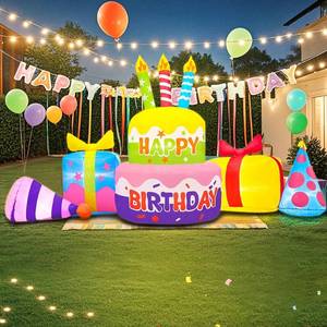 lot 1167 image: 8FT Inflatable Happy Birthday Cake Decoration with Candles Blow up Outdoor Yard Decorations, Built-in LED Lights for Holiday Party Garden Lawn Indoor Home Celebration