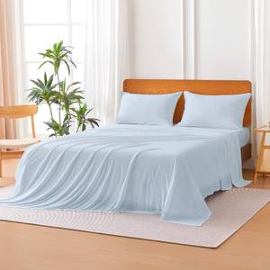 lot 1182 image: Amazon Basics Jersey Knit 4-Piece Sheet Set, Wrinkle Free and Easy Fit, Includes 16 Deep Pocket Fitted Sheet, 1 Flat Sheet and 2 Pillowcases, King, Blue