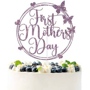 lot 2419 image: Purple Glitter First Motherfts Day Cake Topper, Happy Motherfts Birthday Cake Dcor, Butterfly Themed First Motherfts Day Party Decorations for Mom 5 Pack