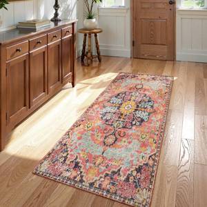 lot 2426 image: Lahome Reine Bohemian Floral Medallion Runner Rug, 2x4 Pink Bathroom Rug Runner, Machine Washable Non-Slip Hallway Mat Indoor Laundry Carpet Runners for Kitchen Living Bedroom, FuchsiaMulti