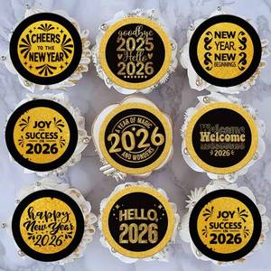 lot 4048 image: Fyeoxle 36PCS Edible 2026 Happy New Year Cupcake Toppers Wafer Paper Hello 2026 Cupcake Picks Black Gold 2026 Cake Toppers for Holiday New Year Theme Party Decor Supplies (Pattern 2)