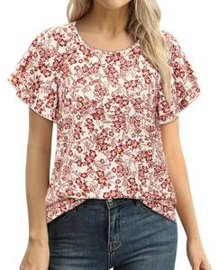 lot 4063 image: siliteelon Summer Tops for Women Print Flutter Sleeve Round Neck Blouses Dressy Casual Shirt Beach Trendy 2026, Large