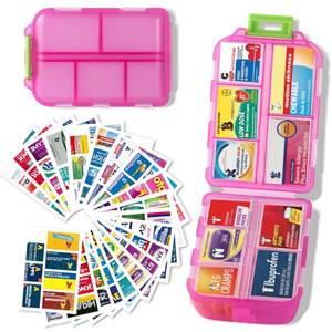lot 4125 image: iouwei Large Pill Organizer with Medicine Labels - 7 Day Travel Daily Container, Mini Medication Storage Case (Pink, 161 Labels)