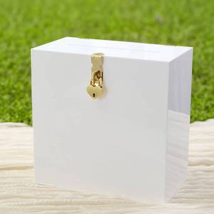 lot 5926 image: UNIQOOO White and Gold Heart Lock Acrylic Card Box, Modern DIY Wedding and Occasion Box, 10x10x5.5 inches