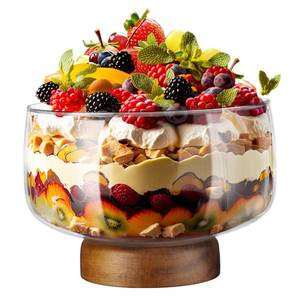 lot 5930 image: NiHome 123oz Large Glass Trifle Bowl with Elegant Acacia Wood Stand, Versatile Serving Dish for Cakes, Salads, Desserts, Stylish Display for Parties, Weddings, Special Occasions, Durable Easy to Clean