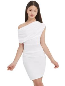 lot 6420 image: EXARUS Girls Bodycon Dress Pre Teen Ruched Evening Party Formal Graduation School DacneDresses Tween Mini Stretch Cowl Neck One Shoulder Short Tight Fitted Pencil White size 10Y140