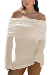 lot 6466 image: Unybwonn Womens Off Shoulder Summer Mini Dress Bell Long Sleeve Sexy Bodycon Strapless Sheer Beach Swimsuit Coverup Beige size M