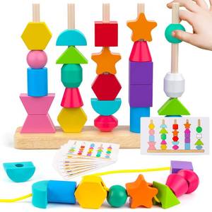 lot 6468 image: Montessori Wooden Beads Sequencing Toy Set, Stacking Blocks and Lacing Beads and Matching Shape Stacker, Montessori Toys for 3 4 5 Year Old STEM Preschool Learning Toys Gifts for Kids Boy Girl Toddler