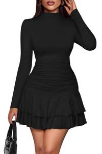 lot 6482 image: PRETTYGARDEN Womenfts Fall Long Sleeve Dresses 2026 Mock Neck Ruched Y2K Clothes Ruffle Layered Bodycon Mini Party Dress(Black,Medium)