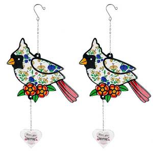 lot 7092 image: SUNNYGIFT Stained Glass Window Hanging Ornament 2 Pack Panel Bird and Insect Suncatcher Decor for Birthday for Women, Wife, Grandma, and Mom, 1206 - Flower Under Cardinal