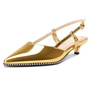 lot 7096 image: Aachcol Womens Pointed Toe Slingback Heels Low Kitten Heel Sandals Patent Leather Sliver Beaded Pumps Buckle Prom Dress Shoes 1.4 Inches Heels Gold 6 M US