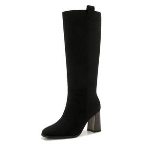lot 7103 image: Women�s Black Suede Wide Calf Square Toe Knee-High Boots � Fall Winter Chunky Heel Boots with Pull-On Size 9