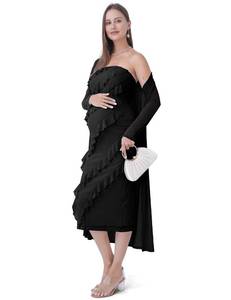 lot 8415 image: SUNNYBUY Maternity Dress for Baby Shower, 2 PCS Strapless Ruffle Pregnancy Dress with Mesh Cardigan, Elegant Bodycon Gown for Photoshoot Party Wedding, Black S