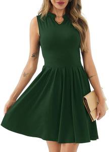 lot 8425 image: Womenfts Casual Work Summer Dress V Neck Sleeveless Pleated Beach Sundresses Boho Midi Swing Dresses Dark Green XX-Large