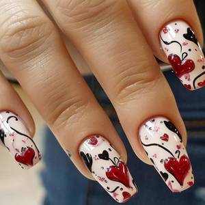 lot 8431 image: 24Pcs Valentines Press on Nails Medium Square Fake Nails Red Black Heart Acrylic Nails Glossy Full Cover Valentinefts Day False Nails Cute Artificial Stick on Nails Reusable Glue on Nails for Women, Variety 5 Pack