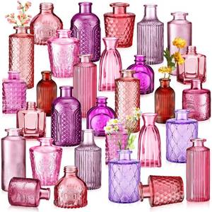 lot 11714 image: Yaomiao 30 Pcs Vases Bulk Colored Flower Glass Vases Bud Vintage Colored Glass Bottles Colorful Rustic Embossed for Home Wedding Table Decorations Gifts (Pink Purple Red Series)