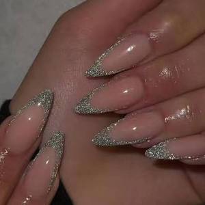 lot 12093 image: Silver French Tips Fake Nails Long Almond Press on Nails with Sparkly Design, Glossy Glitter False Nails Gel Glue on Nails, Shine French Manicure Art Acrylic Nails Stick on Nails for Women Girls 24Pcs