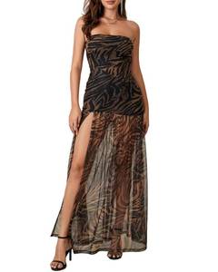 lot 12174 image: Womenfts Summer Tube Top Dress Strapless Backless Mesh Patchwork High Slit Maxi Party Dress (A-Brown, S)