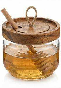 lot 12175 image: Honey Jar Pot Glass Holder Dispenser Set with Wooden Dipper Stick and Acacia Lid Cover for Home Kitchen, Clear, Modern Honey Syrup Glass Container for Storage Gift, Honey Pot and Drizzler (9 Oz)