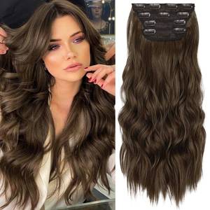 lot 12178 image: KooKaStyle Clip in Synthetic Hair Extensions Long Wavy 4PCS Thick Hairpieces Chestnut Brown Fiber Double Weft Natural Hair Extensions 16 Inch for Women